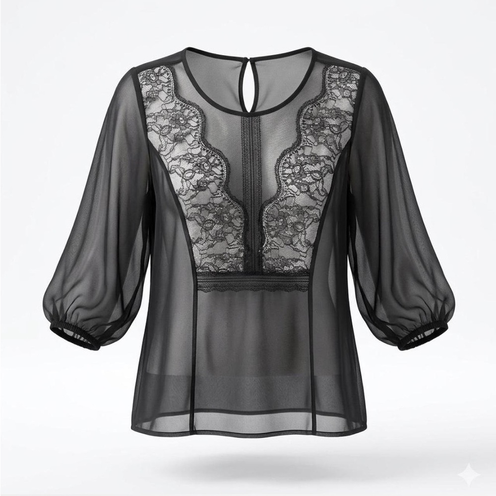Black Lace-Panel Sheer Blouse - Balloon 3/4 Sleeves - Whimsigoth - Romantic - Lg